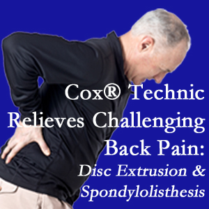 Sitka chiropractic care with Cox Technic alleviates back pain due to a painful combination of a disc extrusion and a spondylolytic spondylolisthesis.